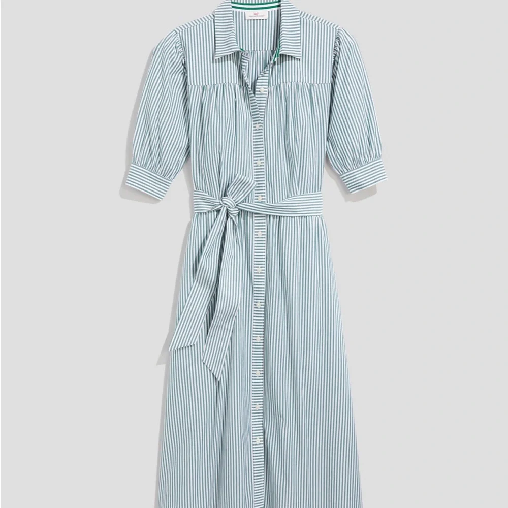 NWT👗 Puff Sleeve Midi Shirtdress👗Green & White Vertical Stripes - Picture 1 of 7